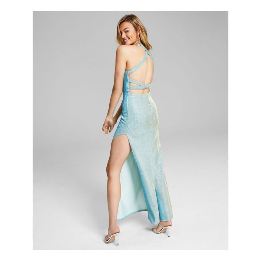 B DARLIN Womens Aqua Crisscross Back High Slit Sleeveless Dress 11\12 - Picture 2 of 4